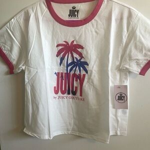 Juicy Couture Woman’s White Crop Top Tee with Pink and Blue Graphic MEDIUM NEW
